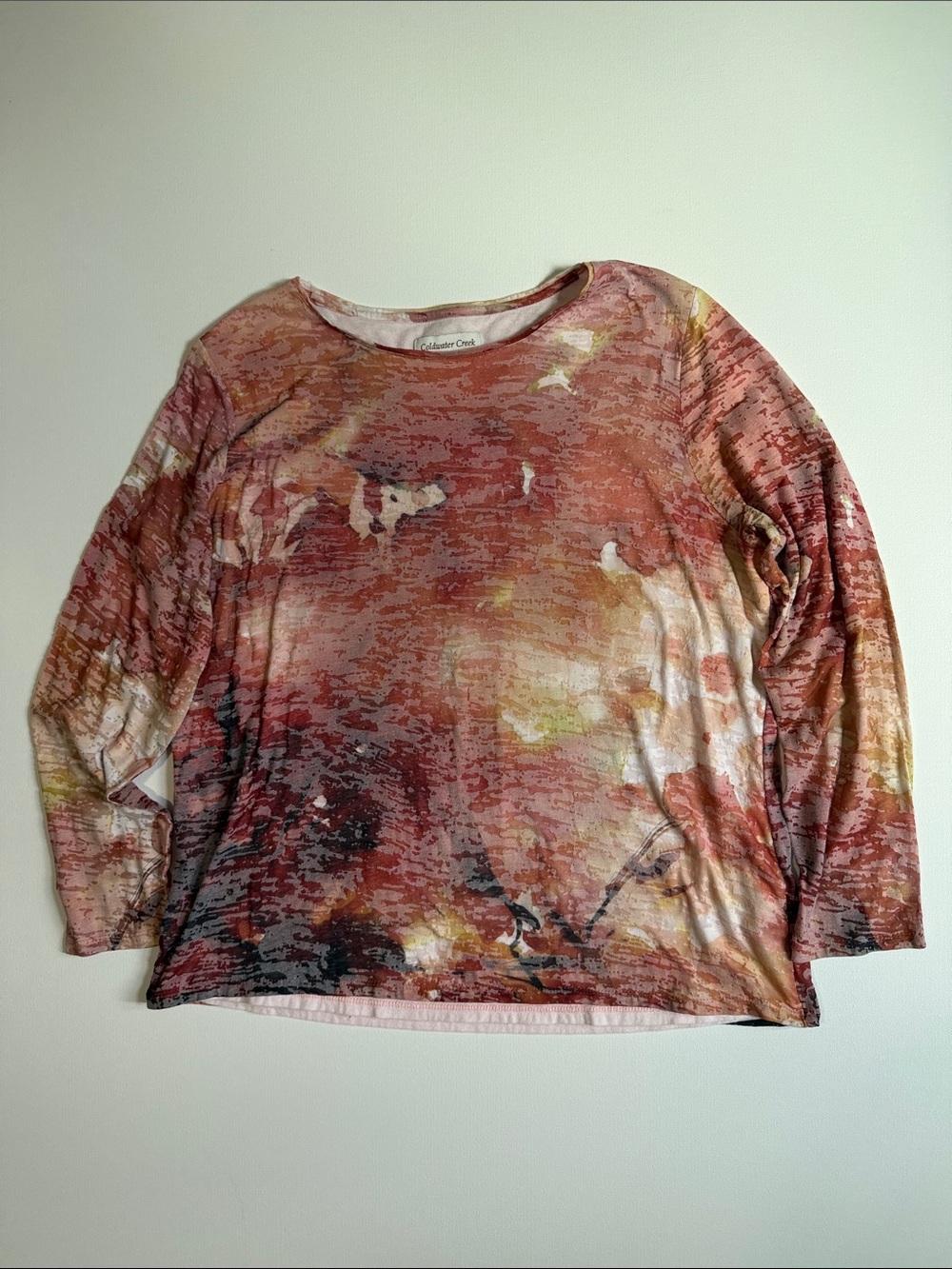 Coldwater Creek Women’s Long Sleeve Abstract Top - Rust, Cream, Yellow L (14-16)